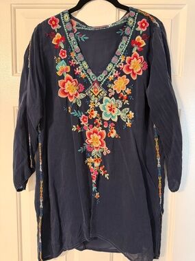 Johnny Was Navy Embroidered Floral V-Neck Tunic